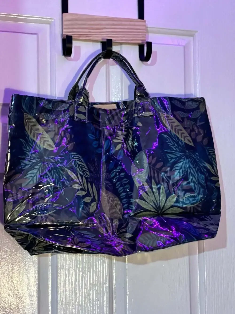Waterproof PVC Leaf Print Large Capacity Tote Bag with Zipper Pocket
